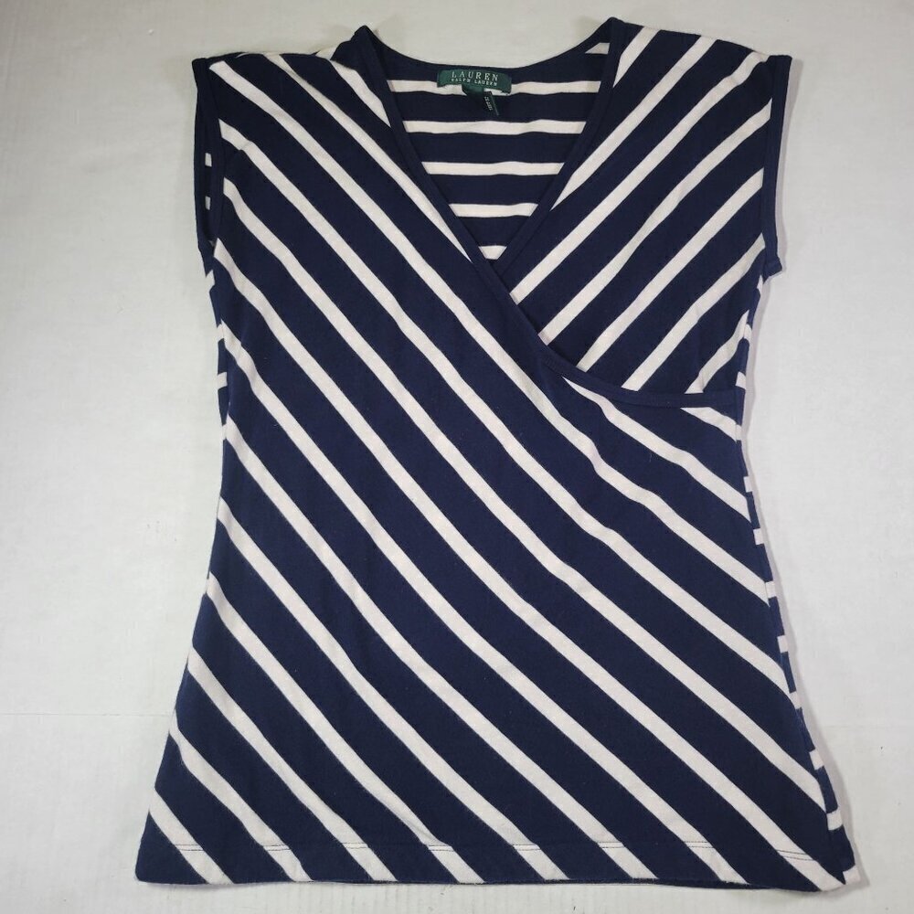 Lauren Ralph Lauren Cotton Navy & White Striped V-Neck Faux Wrap-Style Top M